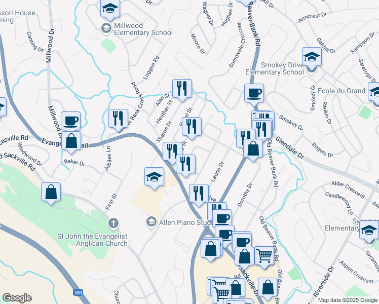 map of restaurants, bars, coffee shops, grocery stores, and more near 44 Denneb Crescent in Lower Sackville