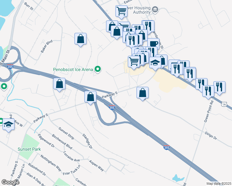 map of restaurants, bars, coffee shops, grocery stores, and more near 79 Parkway South in Brewer
