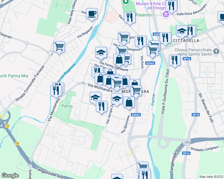 map of restaurants, bars, coffee shops, grocery stores, and more near 17 Via Montanara in Parma