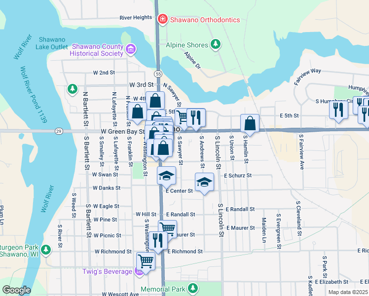 map of restaurants, bars, coffee shops, grocery stores, and more near 128 South Sawyer Street in Shawano