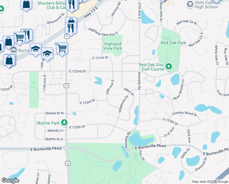 map of restaurants, bars, coffee shops, grocery stores, and more near 12239 24th Avenue in Burnsville