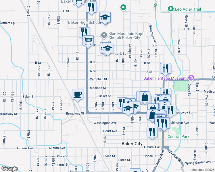 map of restaurants, bars, coffee shops, grocery stores, and more near 2419 7th Street in Baker City