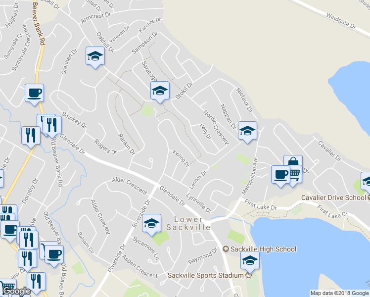 map of restaurants, bars, coffee shops, grocery stores, and more near 1625 Riverside Drive in Lower Sackville