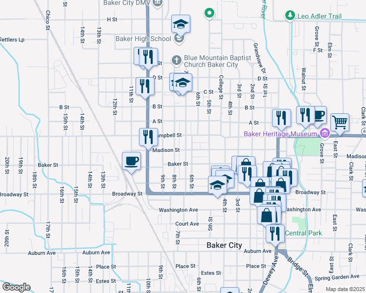 map of restaurants, bars, coffee shops, grocery stores, and more near 2419 7th Street in Baker City