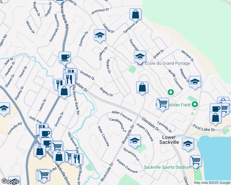 map of restaurants, bars, coffee shops, grocery stores, and more near 58 Rogers Drive in Lower Sackville
