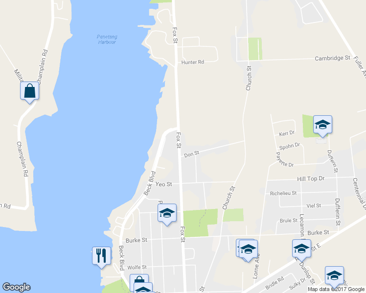 map of restaurants, bars, coffee shops, grocery stores, and more near 109 Fox Street in Penetanguishene