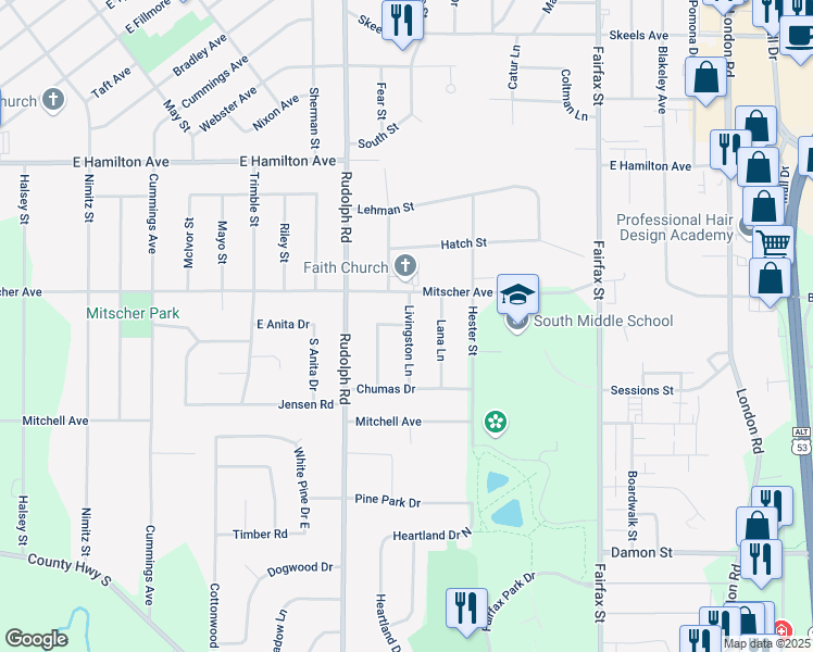 map of restaurants, bars, coffee shops, grocery stores, and more near 3505 Pickerign Place in Eau Claire