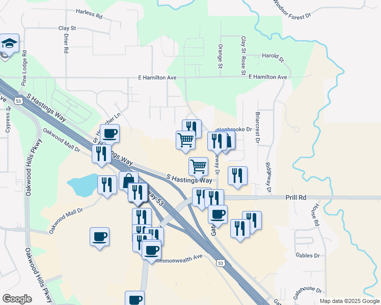 map of restaurants, bars, coffee shops, grocery stores, and more near 3649 South Hastings Way in Eau Claire