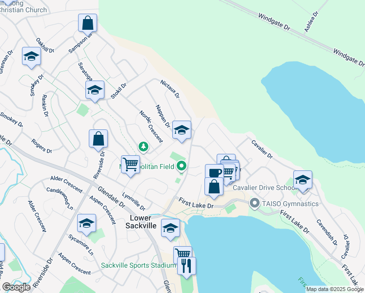 map of restaurants, bars, coffee shops, grocery stores, and more near 100 Metropolitan Avenue in Lower Sackville