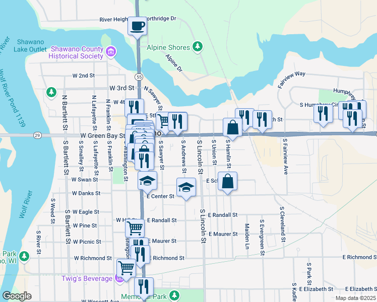 map of restaurants, bars, coffee shops, grocery stores, and more near 130 South Andrews Street in Shawano