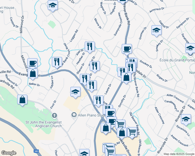 map of restaurants, bars, coffee shops, grocery stores, and more near 45 Denneb Crescent in Lower Sackville