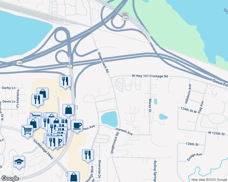 map of restaurants, bars, coffee shops, grocery stores, and more near 1360 Stagecoach Road in Shakopee