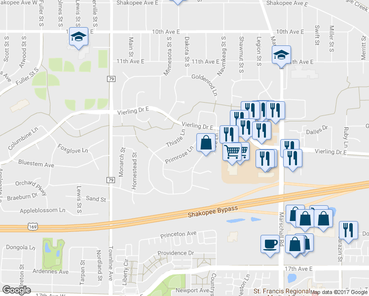 map of restaurants, bars, coffee shops, grocery stores, and more near 1366 Primrose Lane in Shakopee