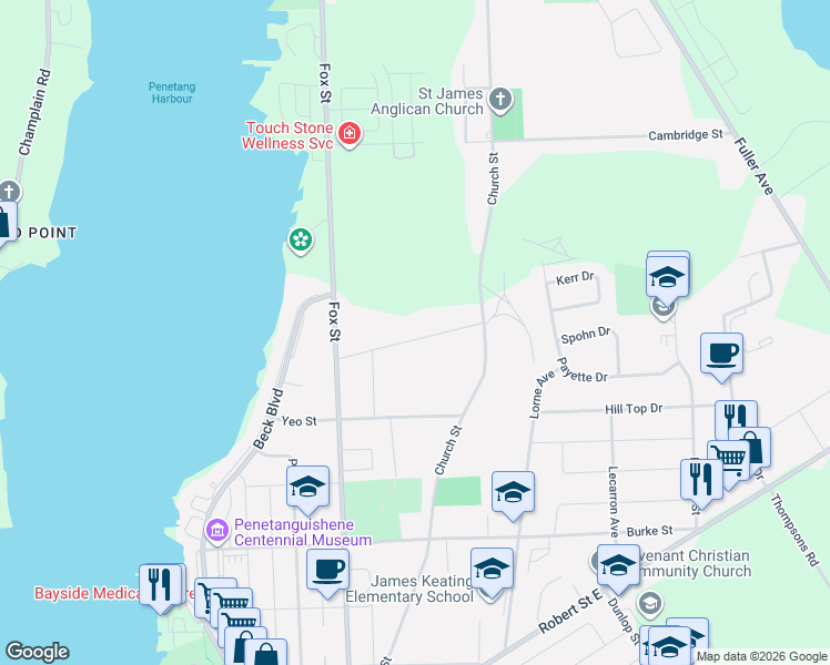 map of restaurants, bars, coffee shops, grocery stores, and more near 27 Don Street in Penetanguishene