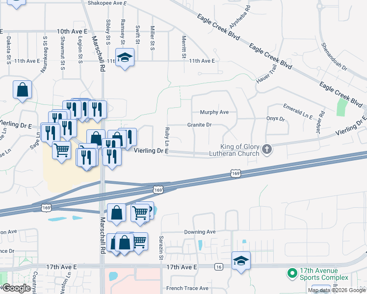 map of restaurants, bars, coffee shops, grocery stores, and more near 1816 Ruby Circle in Shakopee