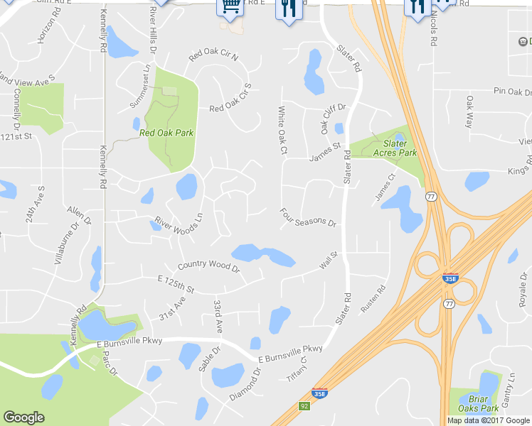 map of restaurants, bars, coffee shops, grocery stores, and more near 243 River Woods Lane in Burnsville