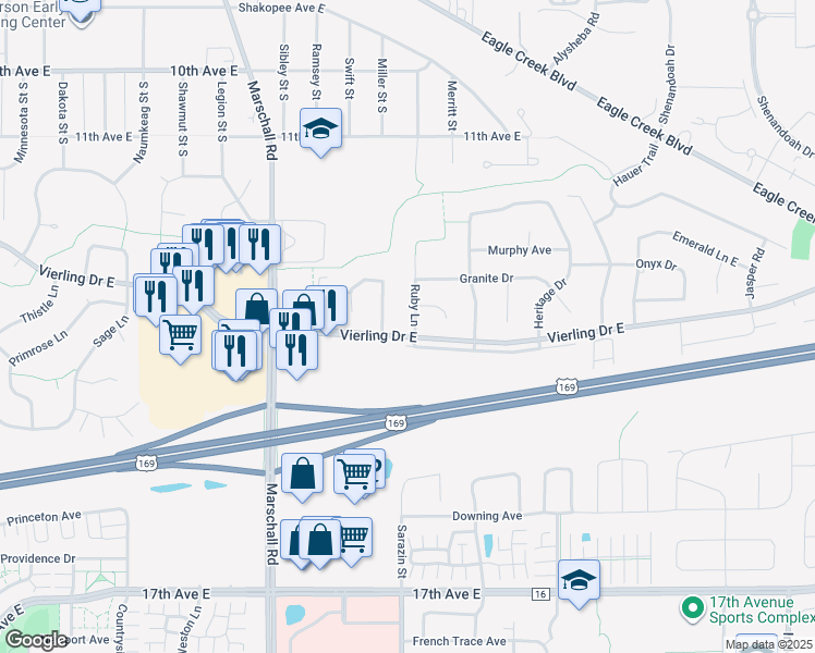 map of restaurants, bars, coffee shops, grocery stores, and more near 1280 Ruby Lane in Shakopee
