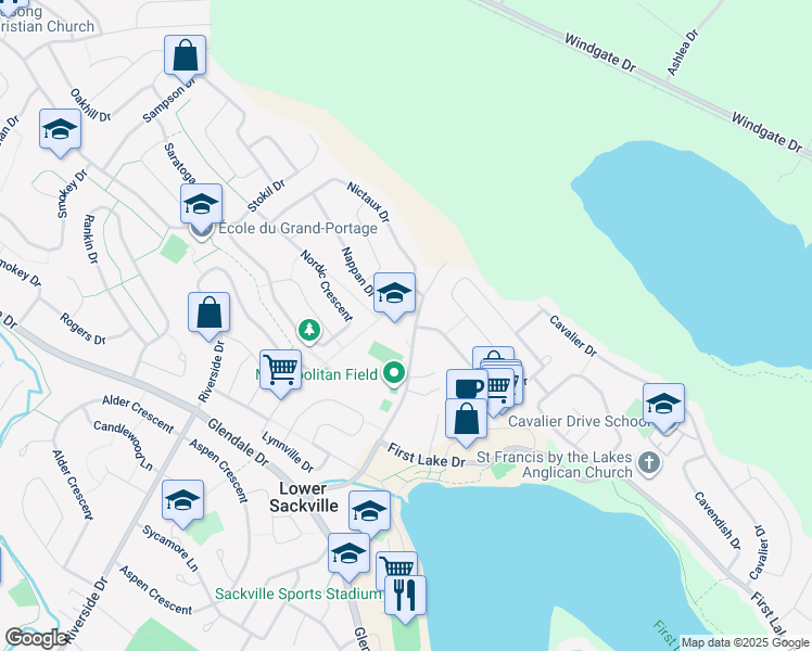 map of restaurants, bars, coffee shops, grocery stores, and more near 100 Metropolitan Avenue in Lower Sackville