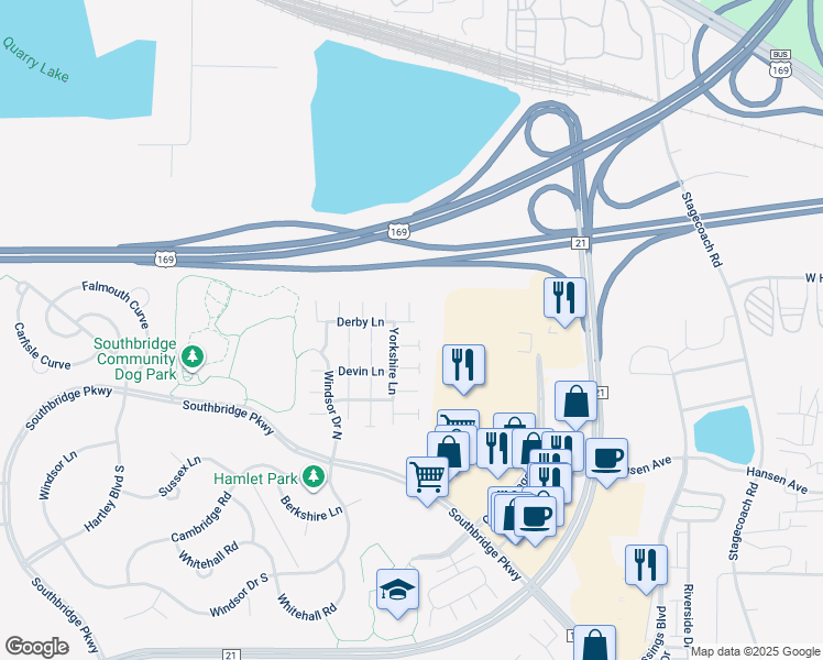 map of restaurants, bars, coffee shops, grocery stores, and more near 7584 Derby Lane in Shakopee