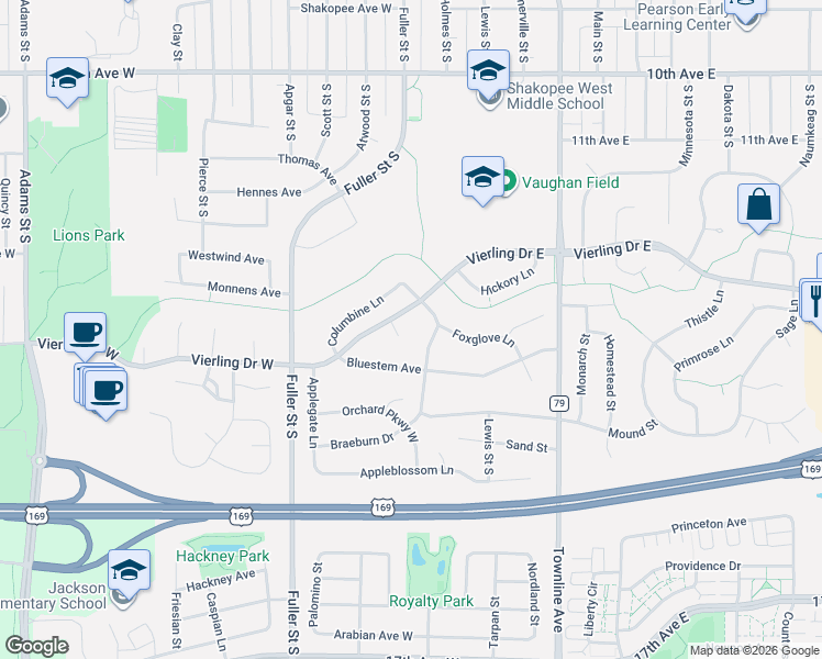 map of restaurants, bars, coffee shops, grocery stores, and more near 1372 Angelica Court in Shakopee