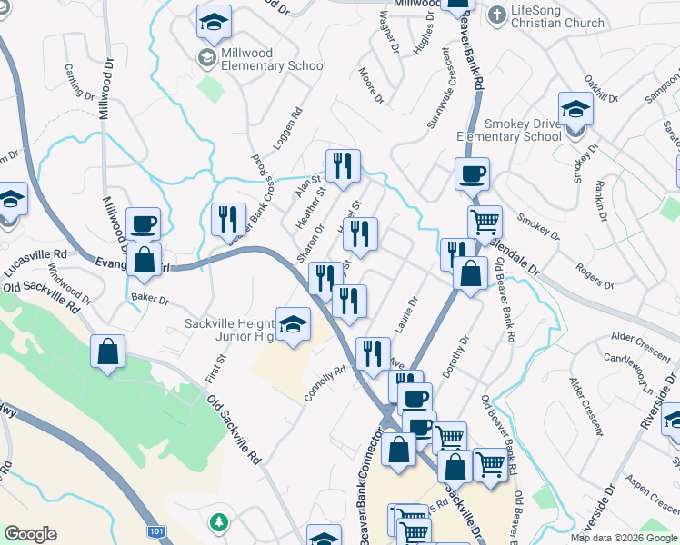 map of restaurants, bars, coffee shops, grocery stores, and more near 2 Mila Street in Middle Sackville