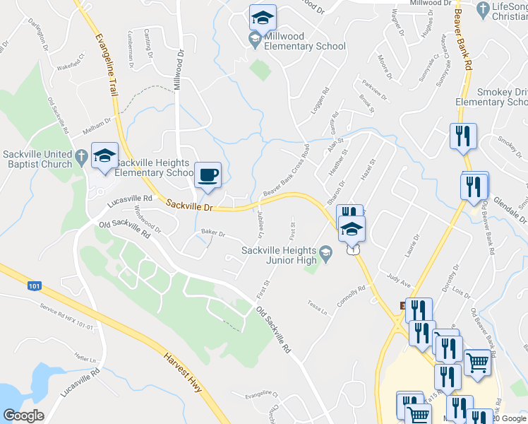 map of restaurants, bars, coffee shops, grocery stores, and more near 6 Jubilee Lane in Middle Sackville