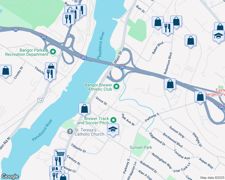 map of restaurants, bars, coffee shops, grocery stores, and more near 34 Abbott Street in Brewer