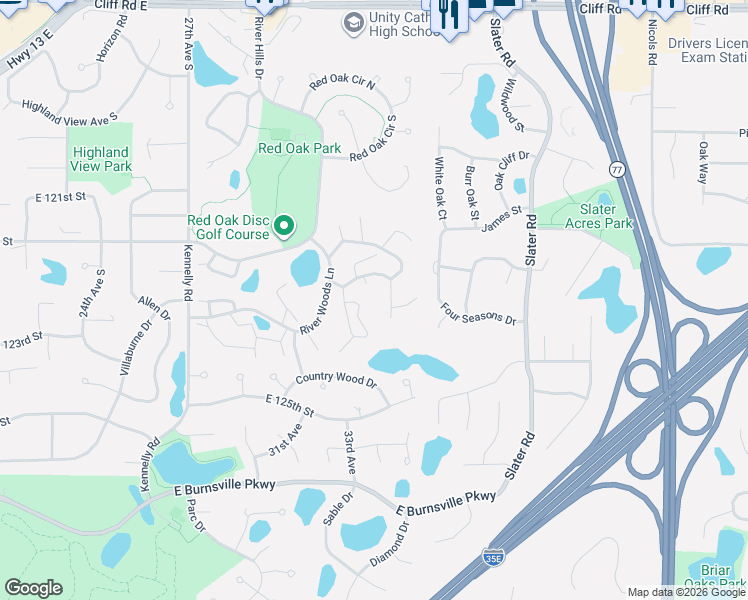 map of restaurants, bars, coffee shops, grocery stores, and more near 257 River Woods Lane in Burnsville