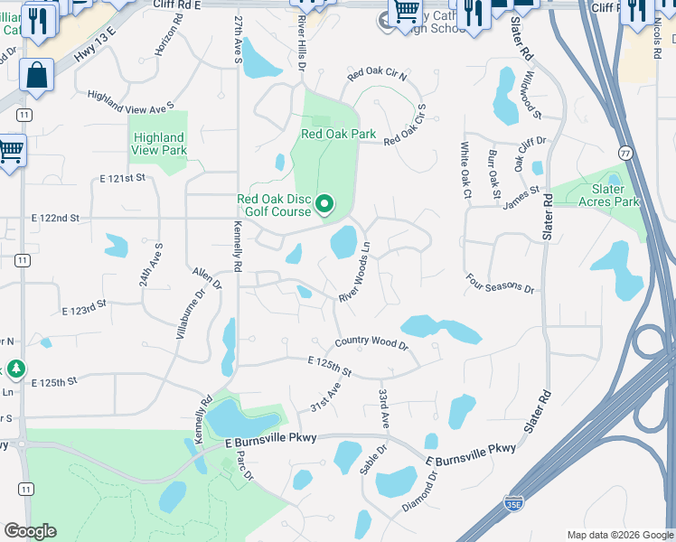 map of restaurants, bars, coffee shops, grocery stores, and more near 142 River Woods Lane in Burnsville