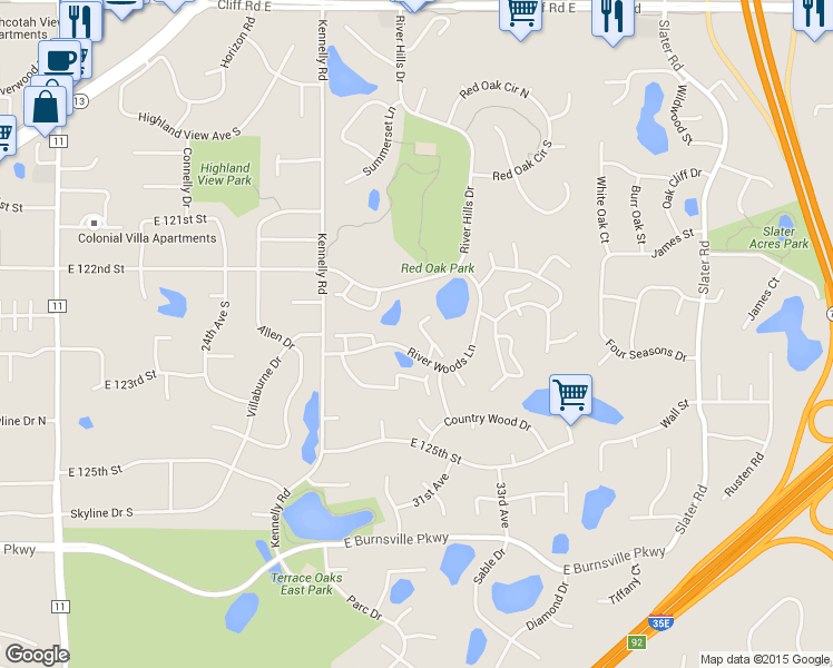 map of restaurants, bars, coffee shops, grocery stores, and more near 100 River Woods Lane in Burnsville