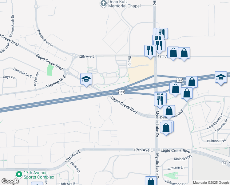 map of restaurants, bars, coffee shops, grocery stores, and more near 3549 Eagle Creek Boulevard in Shakopee