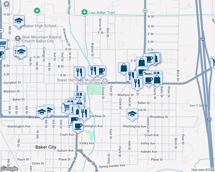 map of restaurants, bars, coffee shops, grocery stores, and more near 2470 Grove Street in Baker City