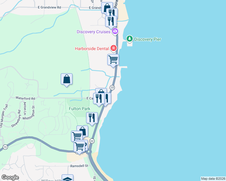 map of restaurants, bars, coffee shops, grocery stores, and more near 13561 South West Bay Shore Drive in Traverse City
