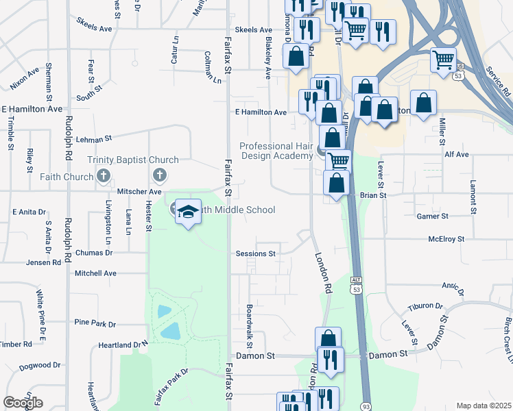 map of restaurants, bars, coffee shops, grocery stores, and more near 2333 Ridgeview Drive in Eau Claire