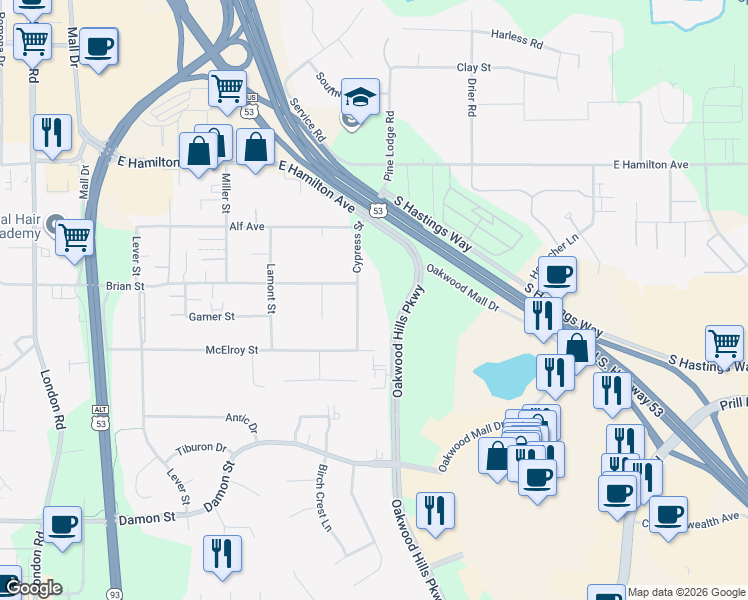 map of restaurants, bars, coffee shops, grocery stores, and more near 3525 Cypress Street in Eau Claire