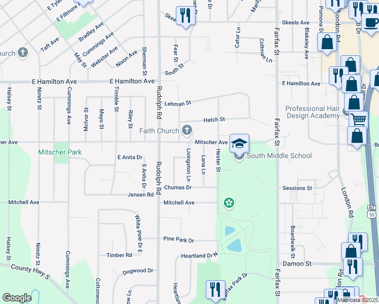 map of restaurants, bars, coffee shops, grocery stores, and more near 3505 Pickerign Place in Eau Claire