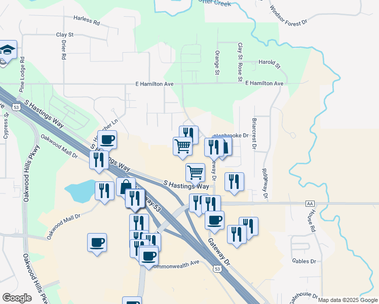 map of restaurants, bars, coffee shops, grocery stores, and more near 3649 South Hastings Way in Eau Claire