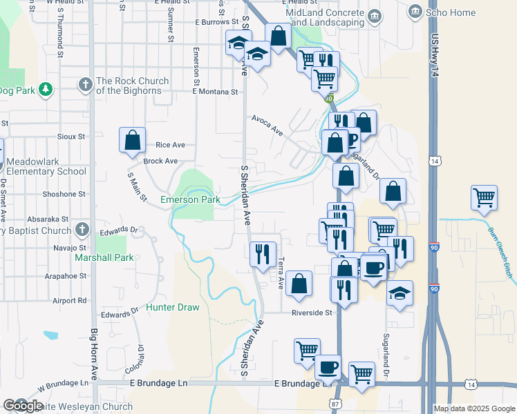 map of restaurants, bars, coffee shops, grocery stores, and more near 1735 South Sheridan Avenue in Sheridan