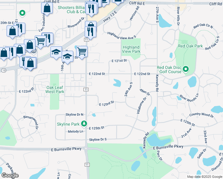 map of restaurants, bars, coffee shops, grocery stores, and more near 12248 23rd Avenue South in Burnsville