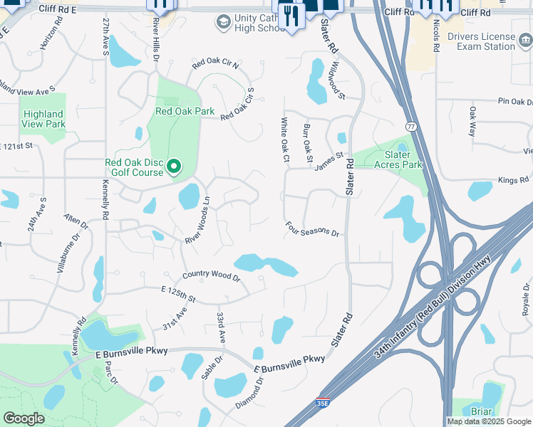 map of restaurants, bars, coffee shops, grocery stores, and more near 243 River Woods Lane in Burnsville
