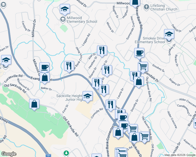 map of restaurants, bars, coffee shops, grocery stores, and more near 5 Hazel Street in Middle Sackville