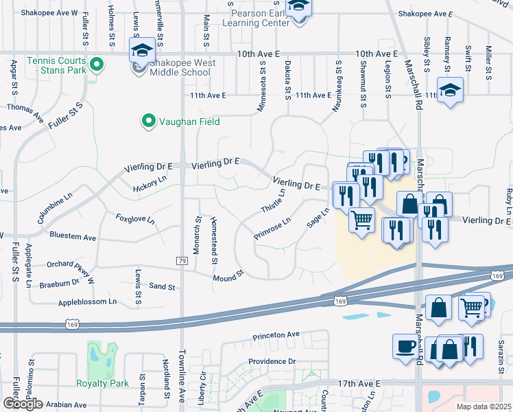map of restaurants, bars, coffee shops, grocery stores, and more near 1362 Thistle Lane in Shakopee