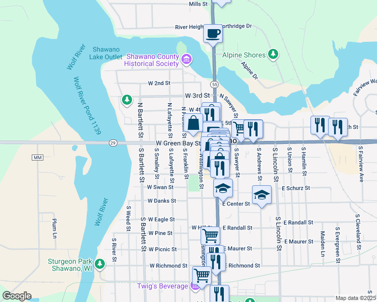 map of restaurants, bars, coffee shops, grocery stores, and more near 112 South Franklin Street in Shawano