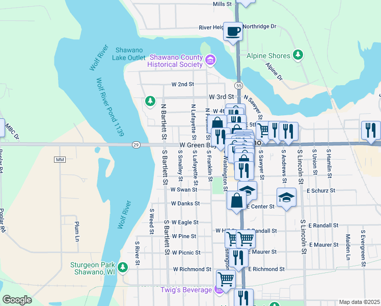 map of restaurants, bars, coffee shops, grocery stores, and more near 130 South Smalley Street in Shawano