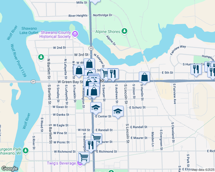 map of restaurants, bars, coffee shops, grocery stores, and more near 128 South Sawyer Street in Shawano