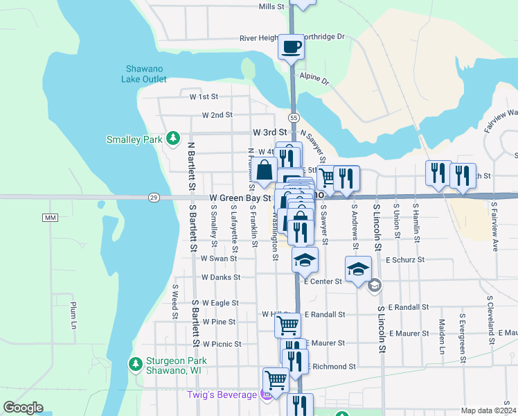 map of restaurants, bars, coffee shops, grocery stores, and more near 137 South Washington Street in Shawano