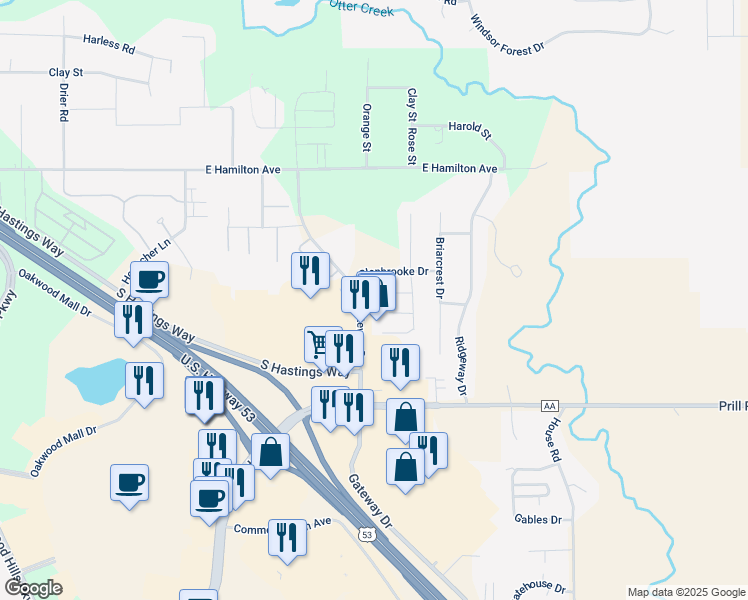map of restaurants, bars, coffee shops, grocery stores, and more near 3529 Gateway Drive in Eau Claire