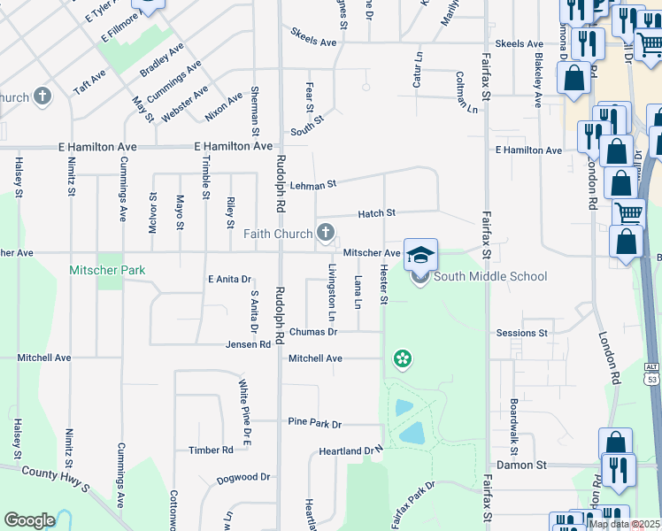 map of restaurants, bars, coffee shops, grocery stores, and more near 3505 Pickerign Place in Eau Claire