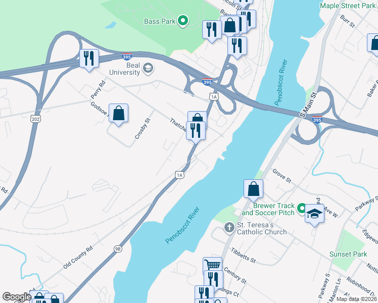 map of restaurants, bars, coffee shops, grocery stores, and more near 735 Main Street in Bangor