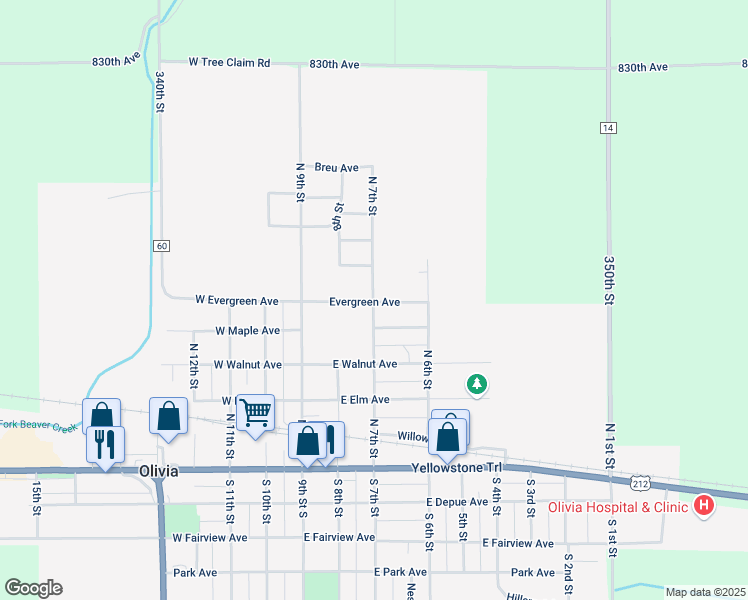 map of restaurants, bars, coffee shops, grocery stores, and more near 607 North 7th Street in Olivia